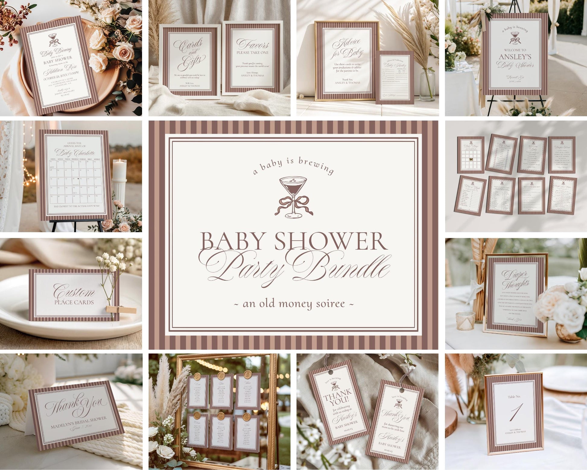 Espresso Martini Striped Baby Shower Bundle Printable Template, Mocha Brown Coffee Baby Sprinkle, Baby is Brewing Brunch with Mom WP1091