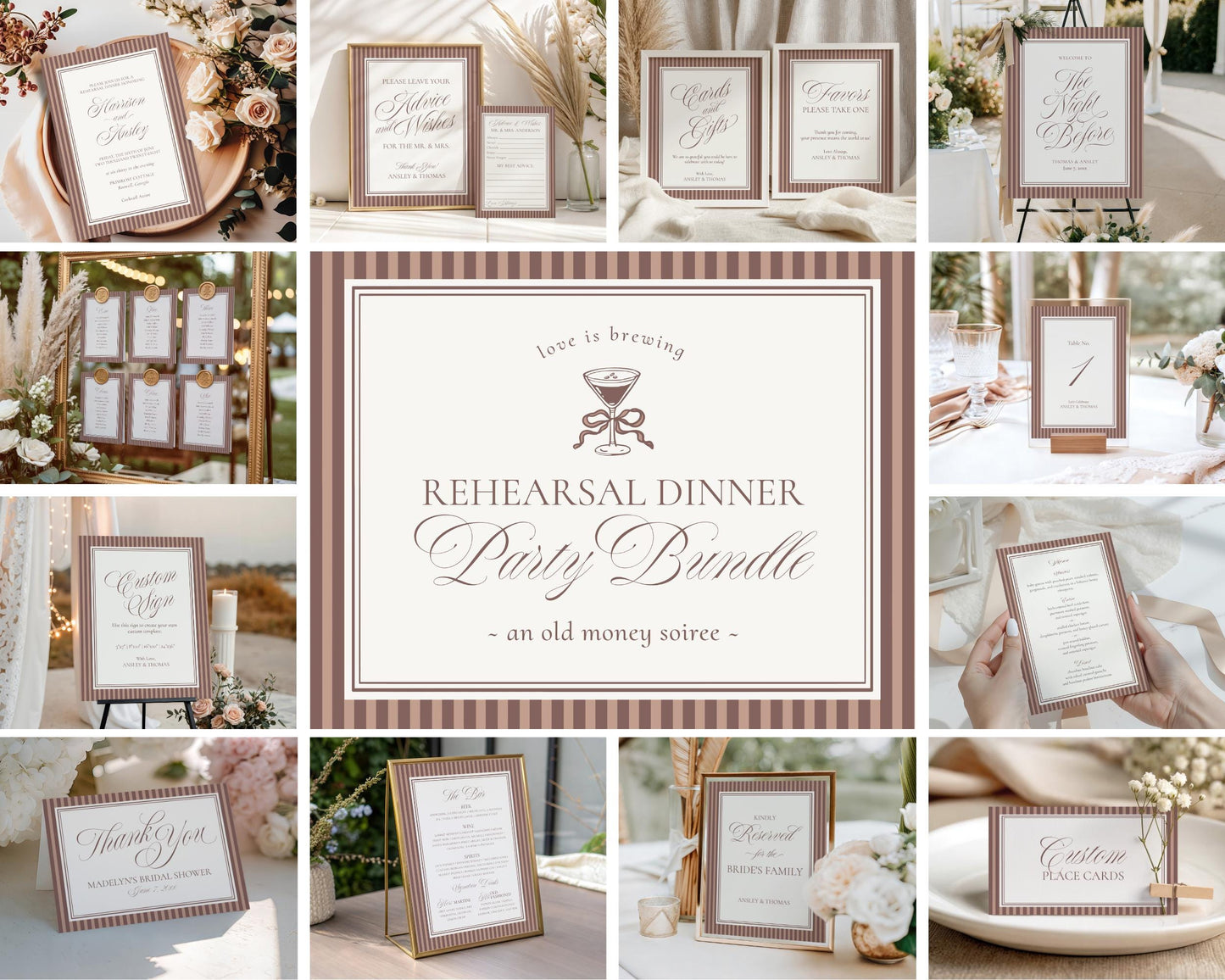 Espresso Martini Striped Rehearsal Dinner Template Bundle, Old Money Love is Brewing Night Before Dinner, Modern Vintage Coffee Cafe WP1091