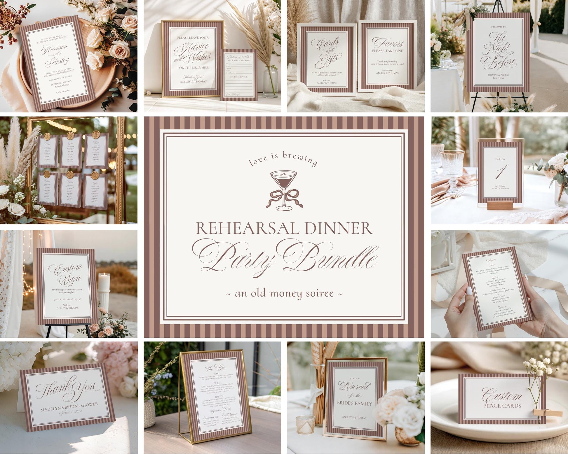 Espresso Martini Striped Rehearsal Dinner Template Bundle, Old Money Love is Brewing Night Before Dinner, Modern Vintage Coffee Cafe WP1091