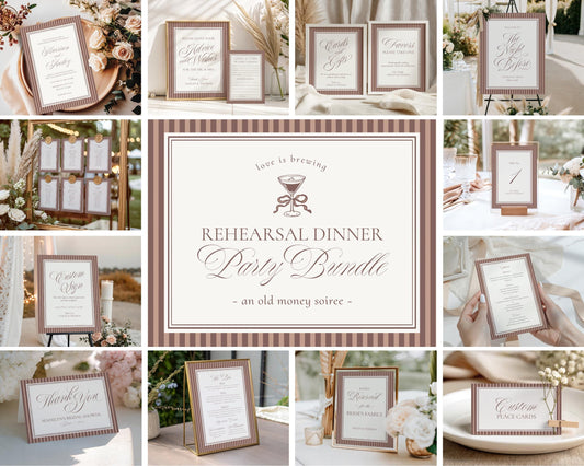 Espresso Martini Striped Rehearsal Dinner Template Bundle, Old Money Love is Brewing Night Before Dinner, Modern Vintage Coffee Cafe WP1091