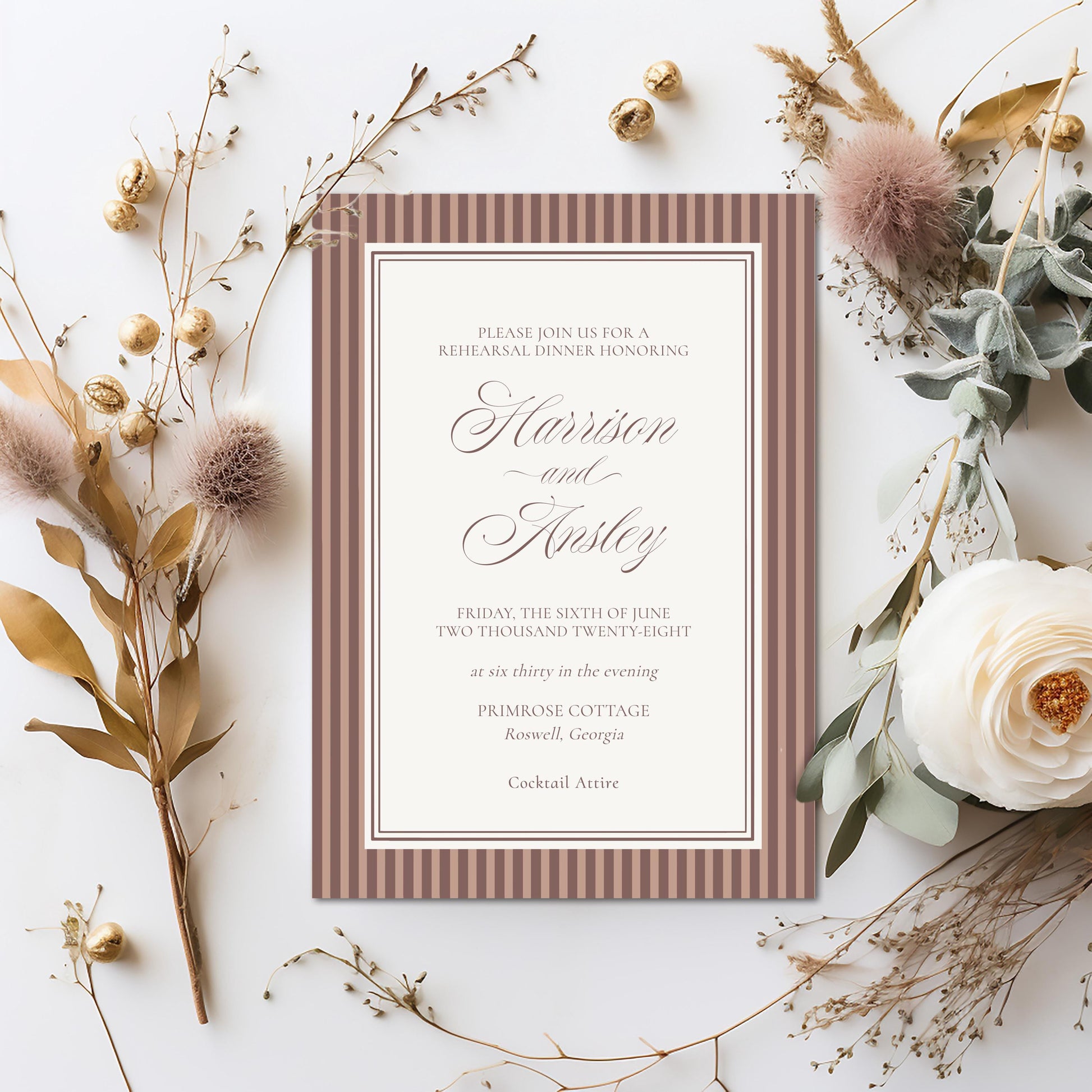 Espresso Martini Striped Rehearsal Dinner Template Bundle, Old Money Love is Brewing Night Before Dinner, Modern Vintage Coffee Cafe WP1091
