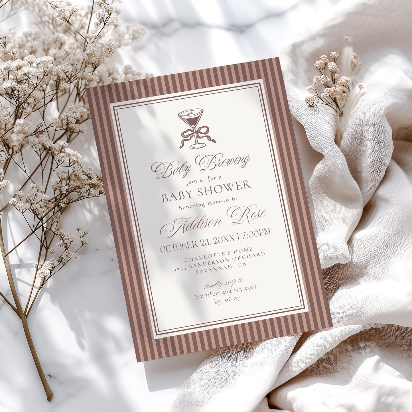 Espresso Striped Baby Shower Invitation Printable Template, Mocha Brown Coffee Theme Baby Sprinkle, Baby is Brewing Brunch with Mom WP1091