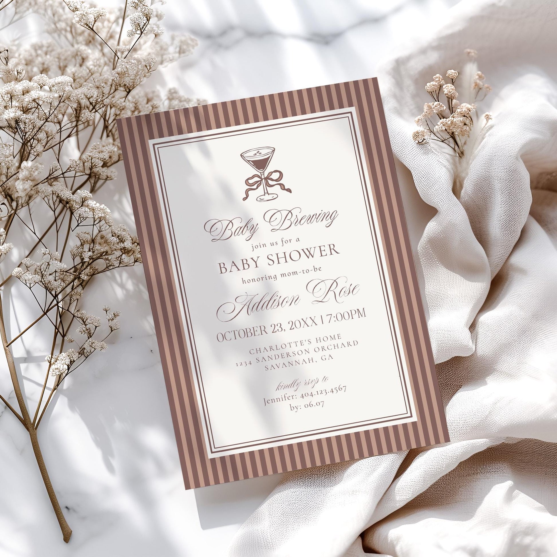 Espresso Striped Baby Shower Invitation Printable Template, Mocha Brown Coffee Theme Baby Sprinkle, Baby is Brewing Brunch with Mom WP1091