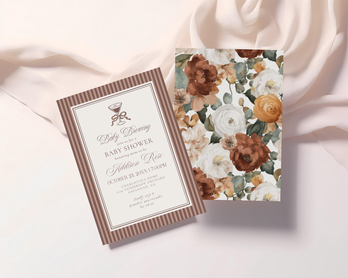 Espresso Striped Baby Shower Invitation Printable Template, Mocha Brown Coffee Theme Baby Sprinkle, Baby is Brewing Brunch with Mom WP1091