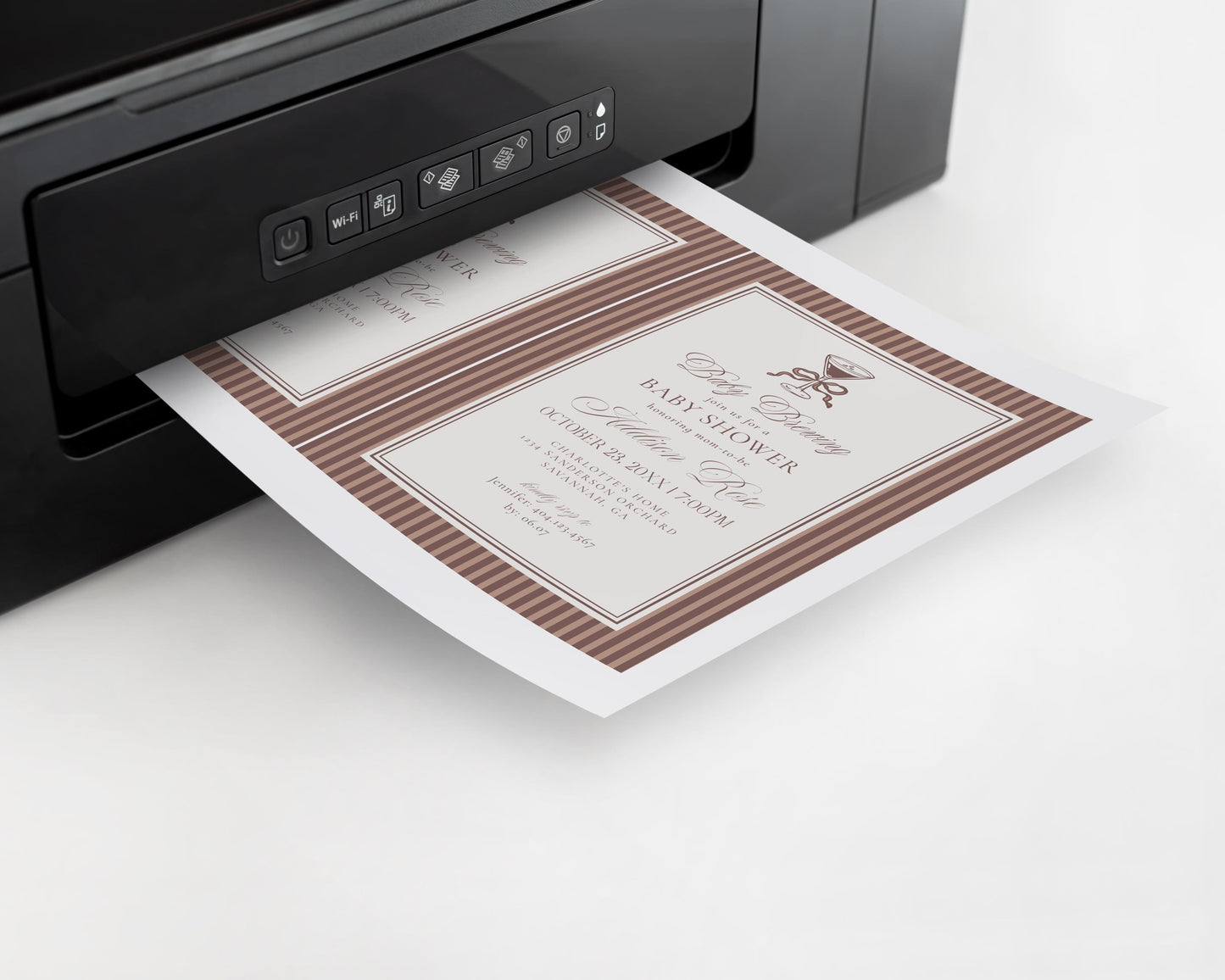 Espresso Striped Baby Shower Invitation Printable Template, Mocha Brown Coffee Theme Baby Sprinkle, Baby is Brewing Brunch with Mom WP1091