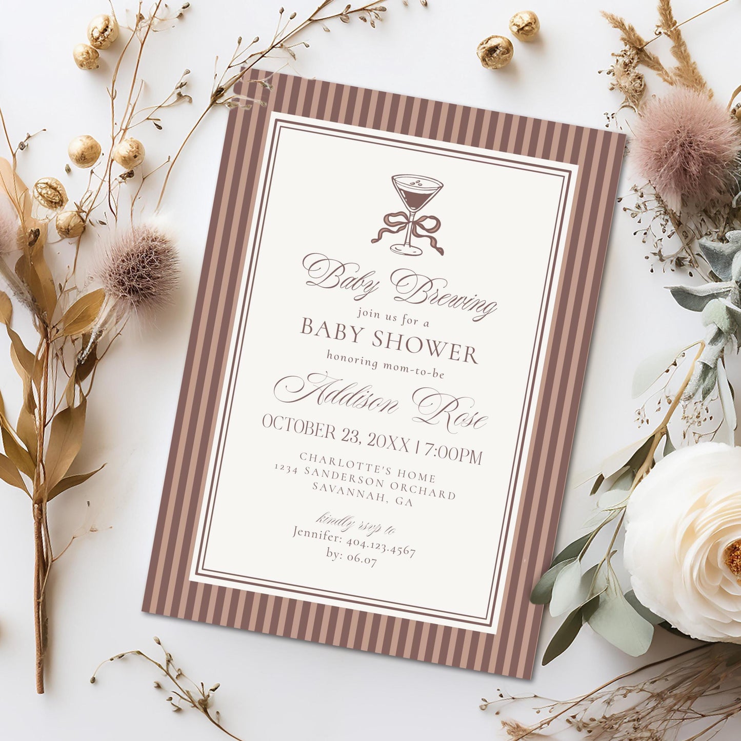 Espresso Striped Baby Shower Invitation Printable Template, Mocha Brown Coffee Theme Baby Sprinkle, Baby is Brewing Brunch with Mom WP1091