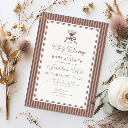 Espresso Striped Baby Shower Invitation Printable Template, Mocha Brown Coffee Theme Baby Sprinkle, Baby is Brewing Brunch with Mom WP1091