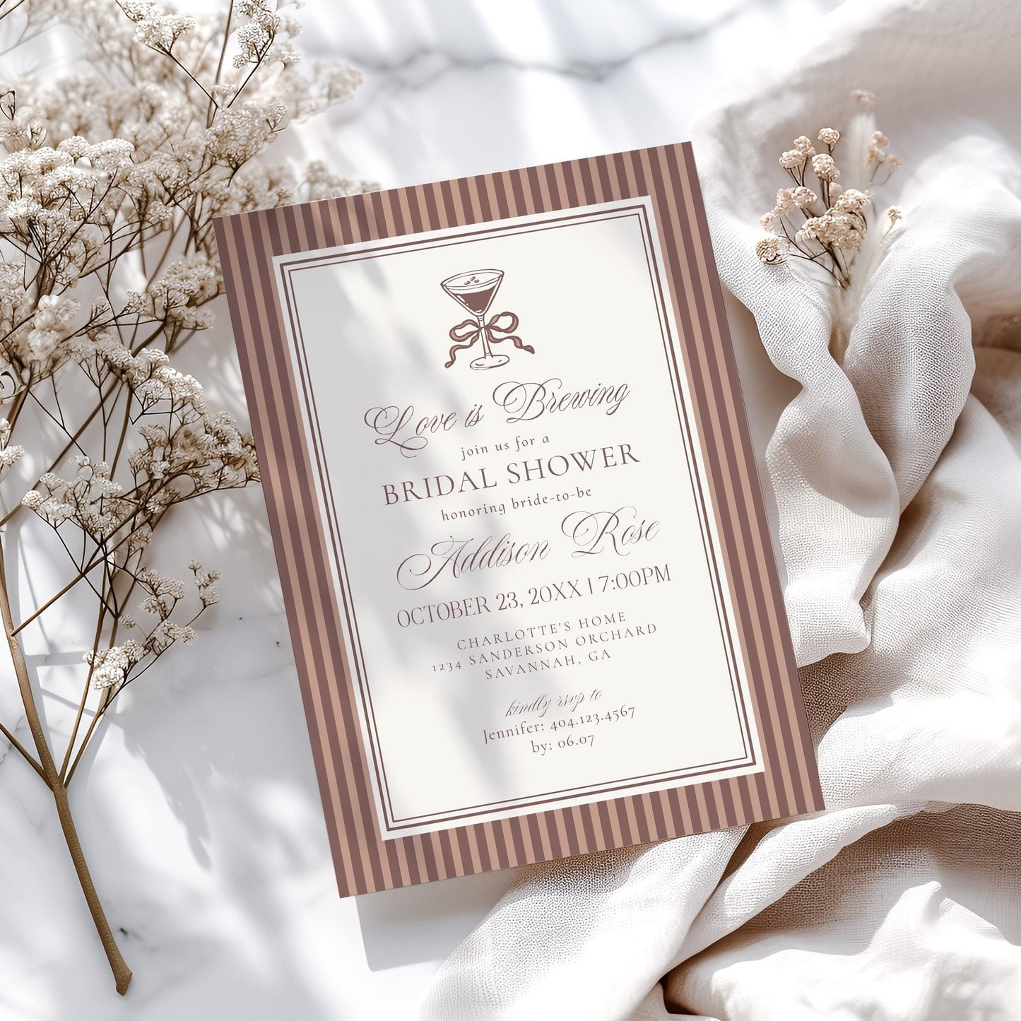 Espresso Martini Striped Bridal Shower Invitation Template, Old Money Love is Brewing Bridal Brunch, Modern Vintage Brunch with Bride WP1091
