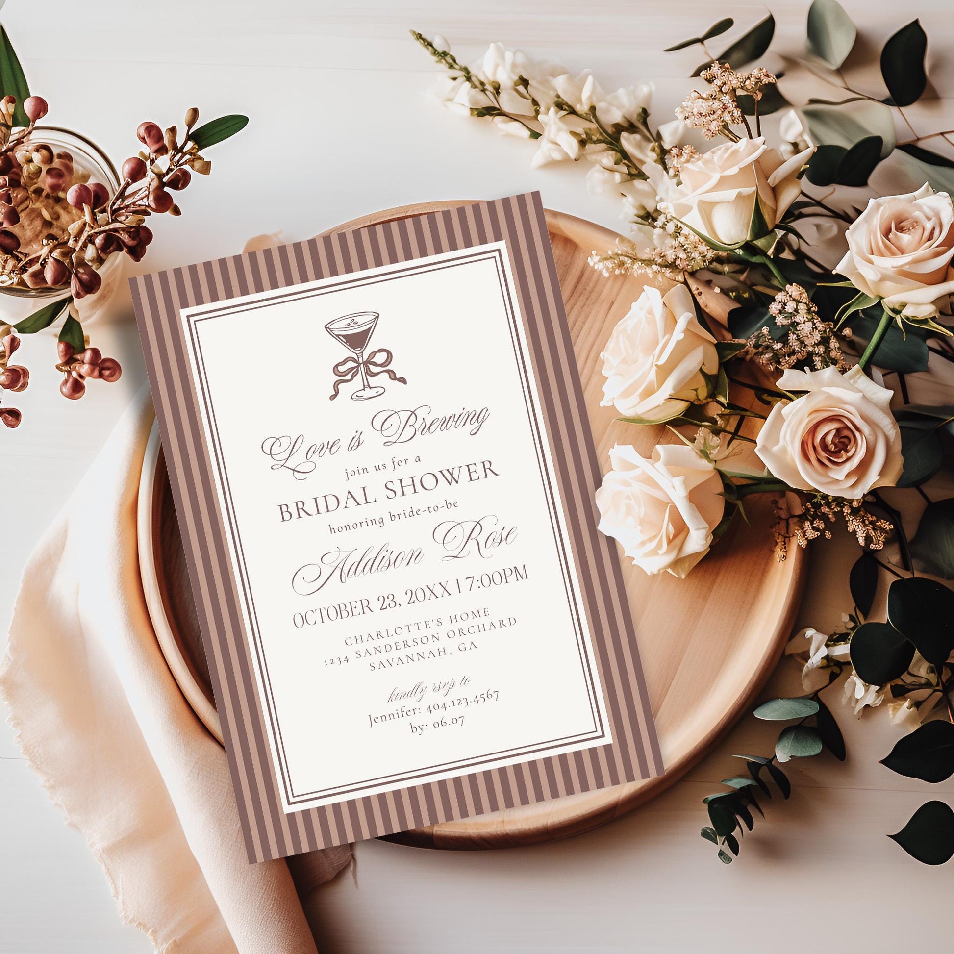 Espresso Martini Striped Bridal Shower Invitation Template, Old Money Love is Brewing Bridal Brunch, Modern Vintage Brunch with Bride WP1091