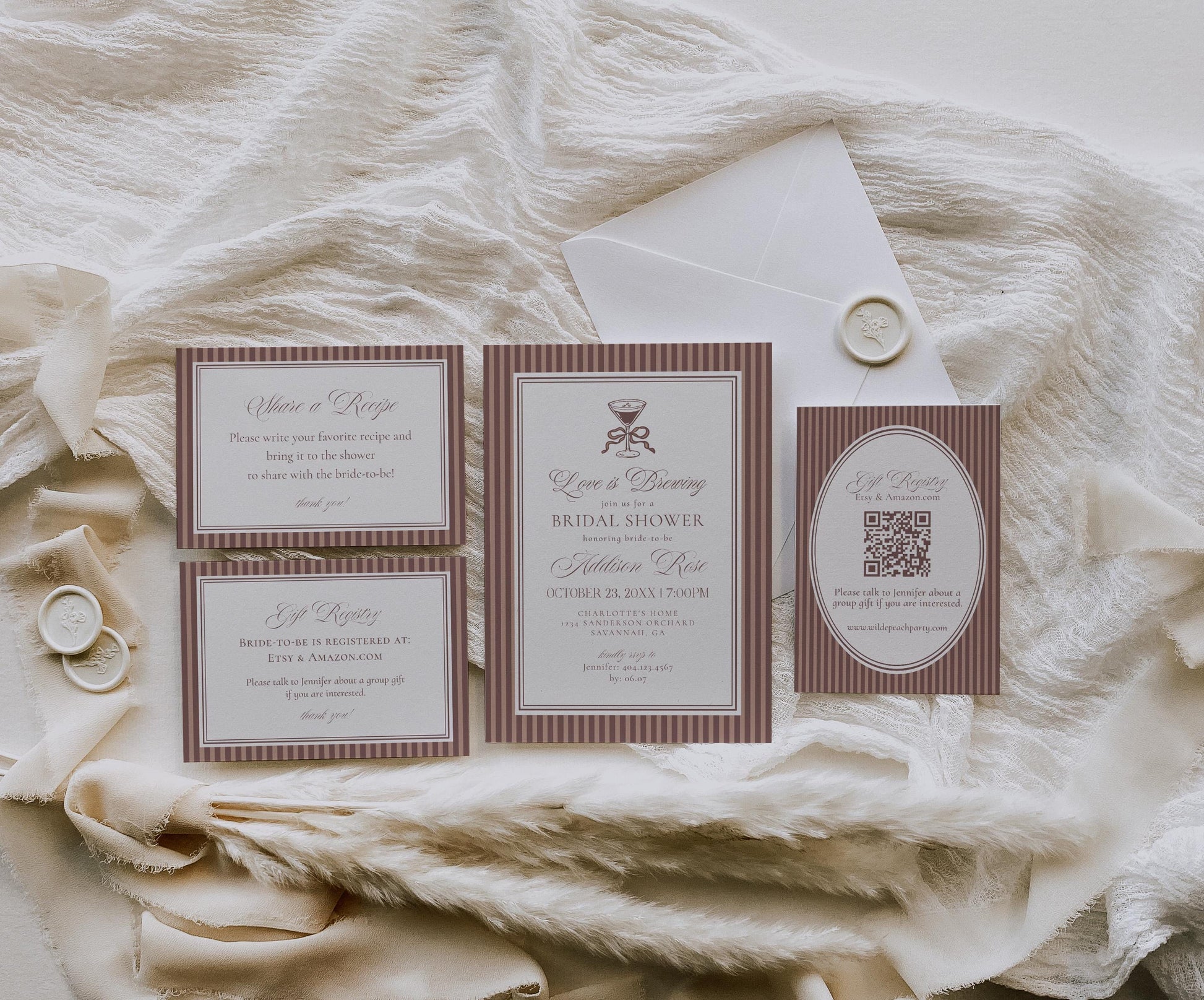 Espresso Martini Striped Bridal Shower Invitation Template, Old Money Love is Brewing Bridal Brunch, Modern Vintage Brunch with Bride WP1091