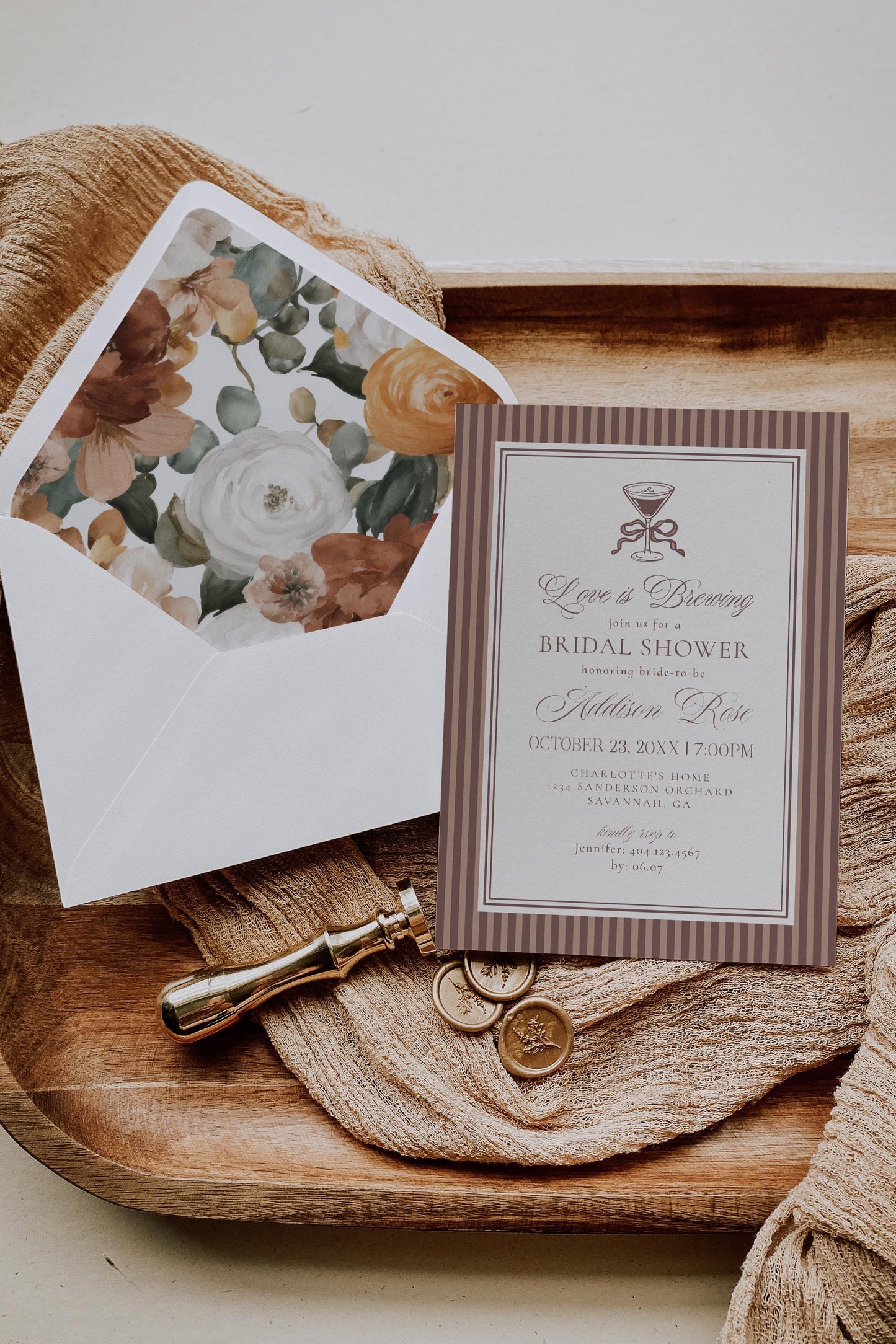 Espresso Martini Striped Bridal Shower Invitation Template, Old Money Love is Brewing Bridal Brunch, Modern Vintage Brunch with Bride WP1091