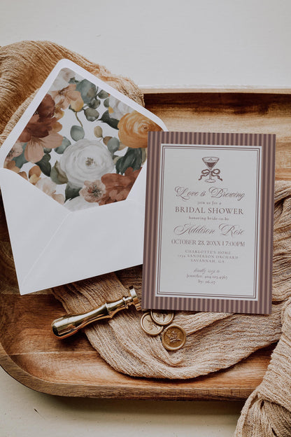 Espresso Martini Striped Bridal Shower Invitation Template, Old Money Love is Brewing Bridal Brunch, Modern Vintage Brunch with Bride WP1091