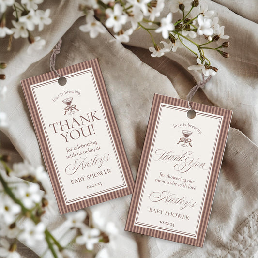 Espresso Striped Baby Shower Favor Tags Template, Mocha Brown Coffee Theme Baby Sprinkle, A Baby is Brewing Brunch with Mom to Be WP1091