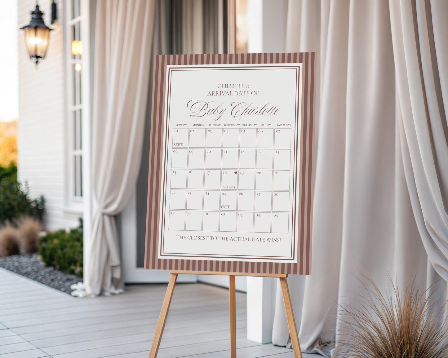 Espresso Striped Baby Shower Guess the Date Game Template, Mocha Brown Coffee Theme Baby Sprinkle, A Baby is Brewing Brunch Mom to Be WP1091