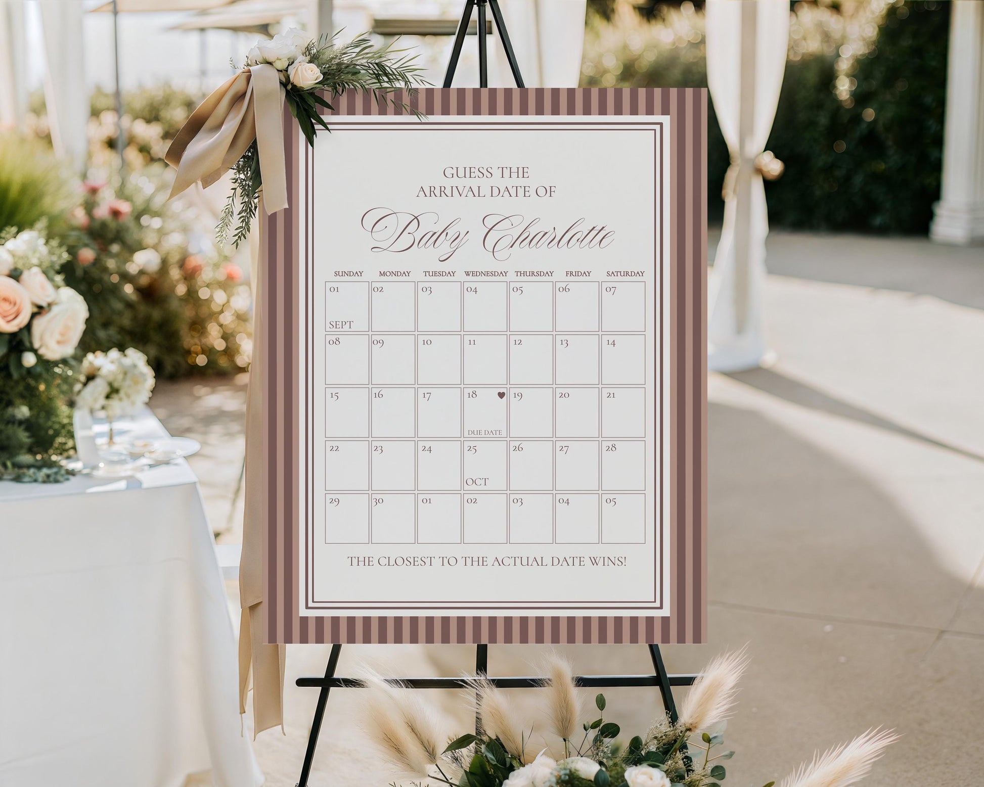 Espresso Striped Baby Shower Guess the Date Game Template, Mocha Brown Coffee Theme Baby Sprinkle, A Baby is Brewing Brunch Mom to Be WP1091