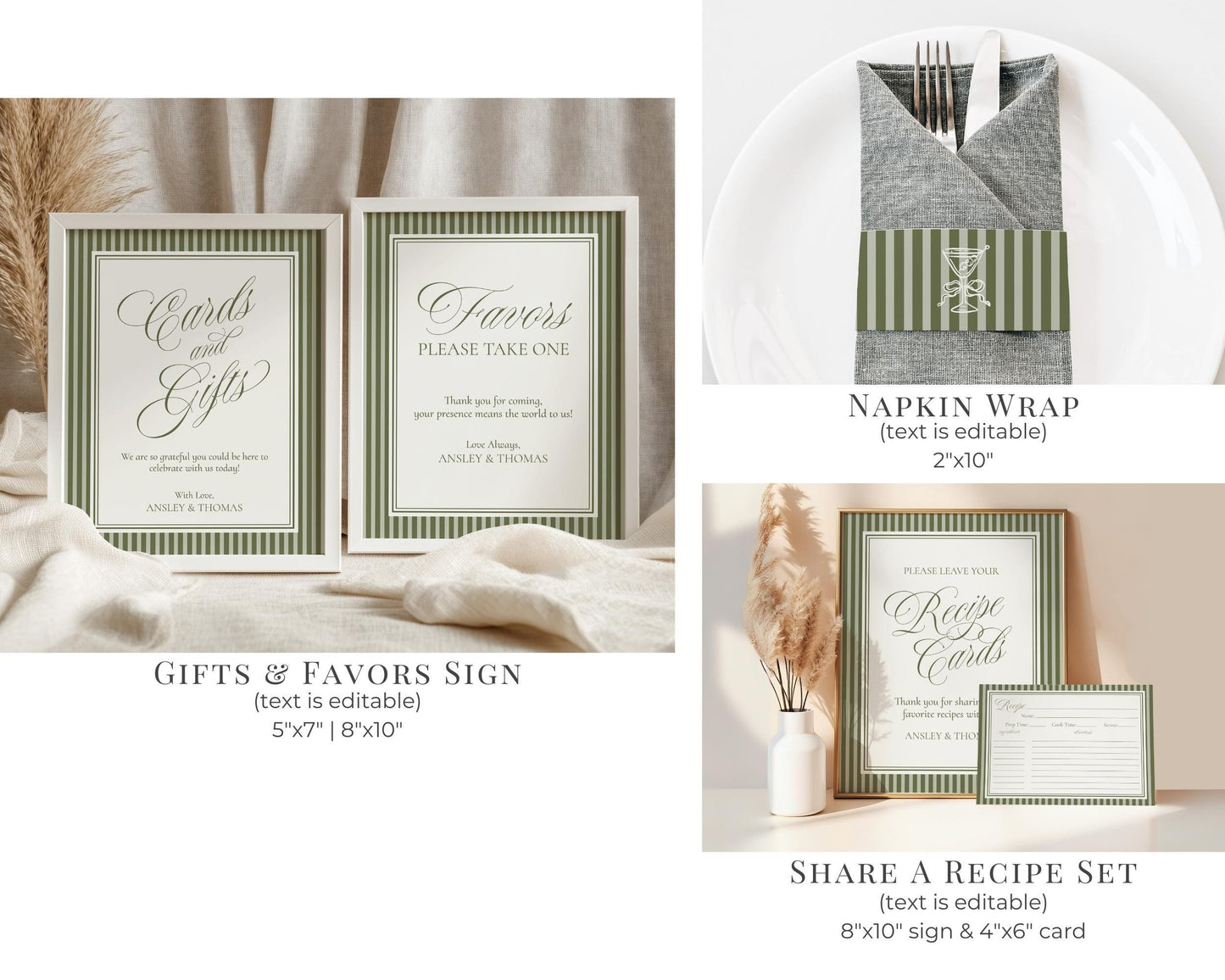 Martini Striped Bridal Shower Template Bundle, Olive Green Old Money Tini Bit Closer Bridal Brunch, Modern Vintage Brunch with Bride, WP1092