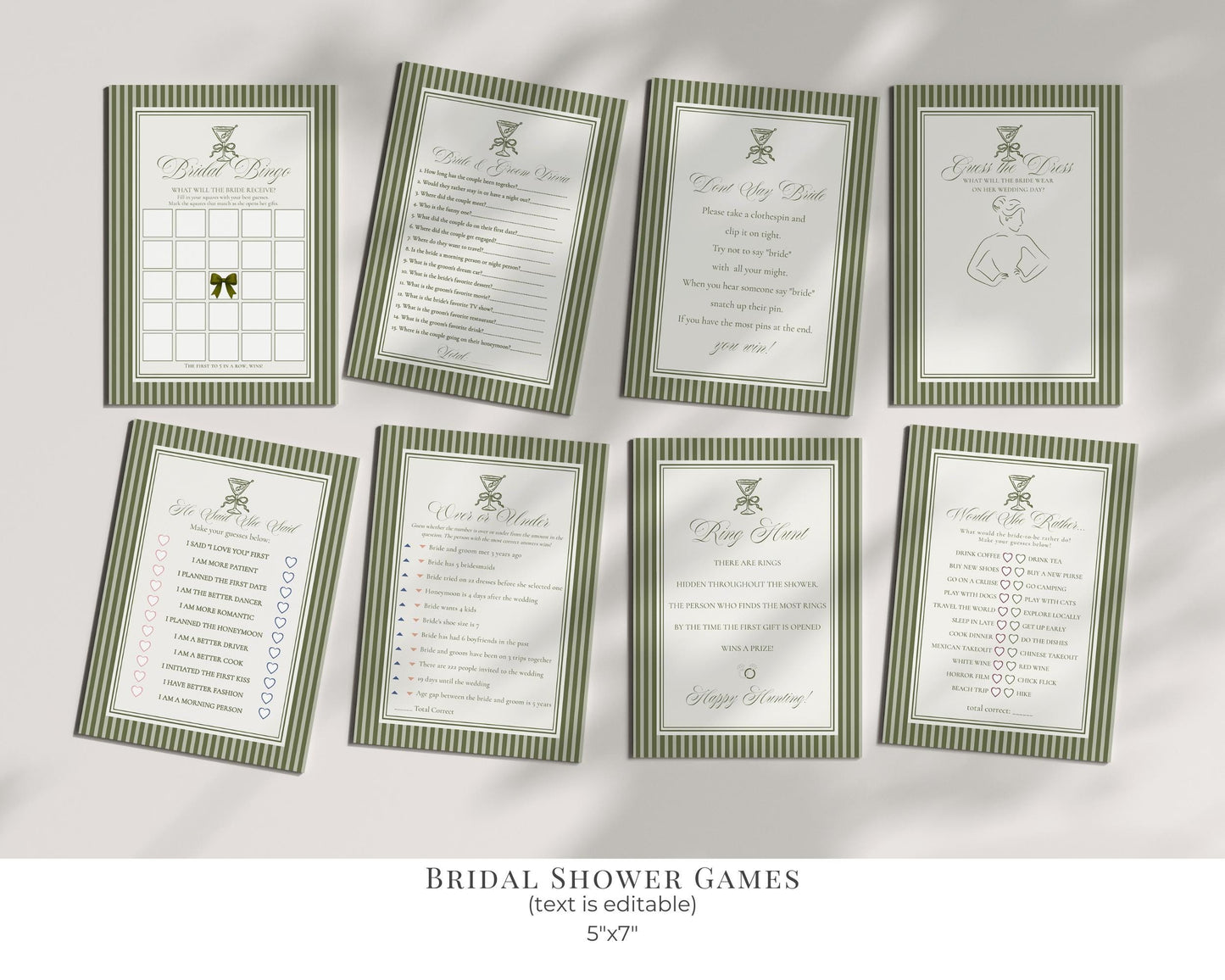 Martini Striped Bridal Shower Template Bundle, Olive Green Old Money Tini Bit Closer Bridal Brunch, Modern Vintage Brunch with Bride, WP1092