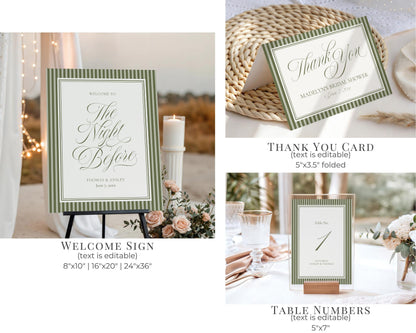 Martini Striped Rehearsal Dinner Template Bundle, Olive Green Old Money Tini Bit Closer Night Before Dinner, Modern Vintage Cocktail WP1092