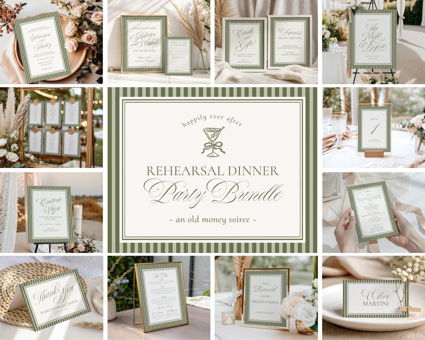 Martini Striped Rehearsal Dinner Template Bundle, Olive Green Old Money Tini Bit Closer Night Before Dinner, Modern Vintage Cocktail WP1092