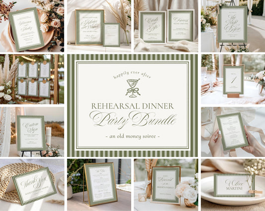 Martini Striped Rehearsal Dinner Template Bundle, Olive Green Old Money Tini Bit Closer Night Before Dinner, Modern Vintage Cocktail WP1092