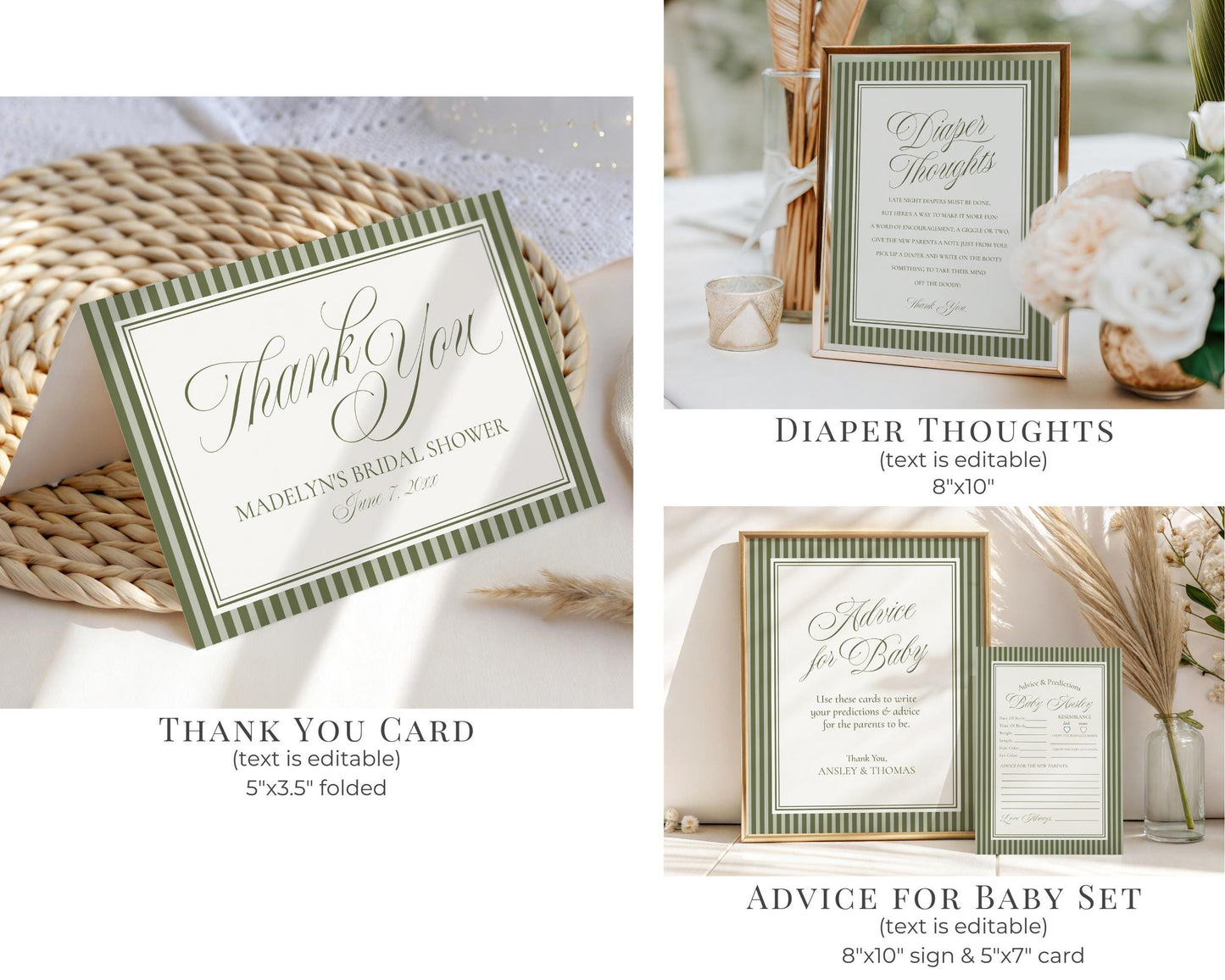 Martini Striped Baby Shower Bundle Printable Template, Olive Green Theme Baby Sprinkle, A Tini Little One Brunch with Mom to Be WP1092