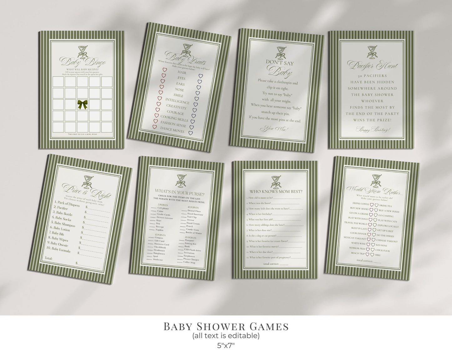 Martini Striped Baby Shower Bundle Printable Template, Olive Green Theme Baby Sprinkle, A Tini Little One Brunch with Mom to Be WP1092