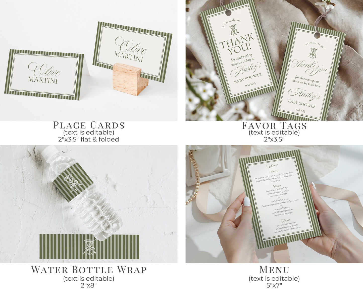 Martini Striped Baby Shower Bundle Printable Template, Olive Green Theme Baby Sprinkle, A Tini Little One Brunch with Mom to Be WP1092