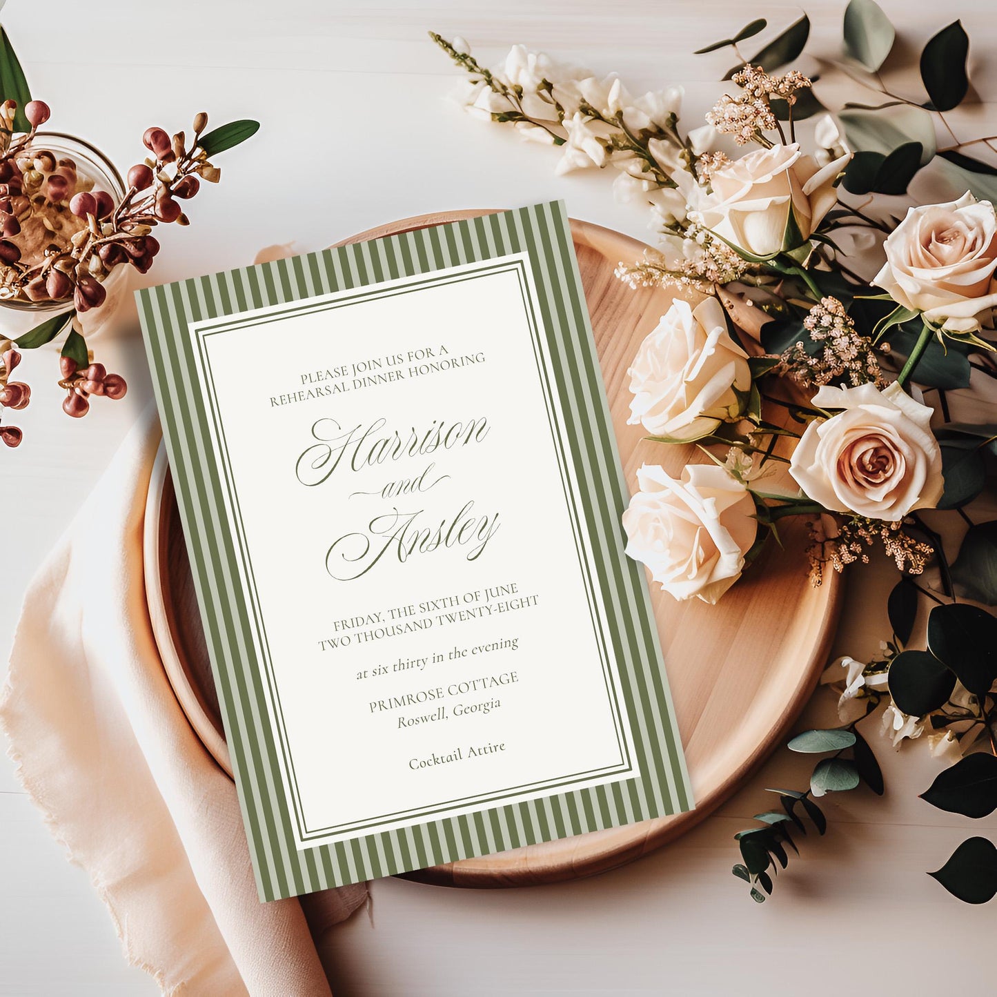 Martini Striped Rehearsal Dinner Invite Template, Olive Green Old Money Tini Bit Closer Night Before Dinner, Modern Vintage Cocktail WP1092