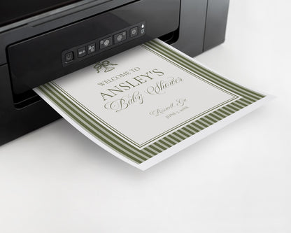 Martini Striped Baby Shower Welcome Sign Template, Olive Green Theme Baby Sprinkle, A Tini Little One Brunch with Mom to Be WP1092