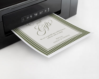 Martini Striped Cards & Gifts and Favors Sign Template, Old Money Bridal Shower, Olive Green Wedding, Vintage Night Before Rehearsal WP1092