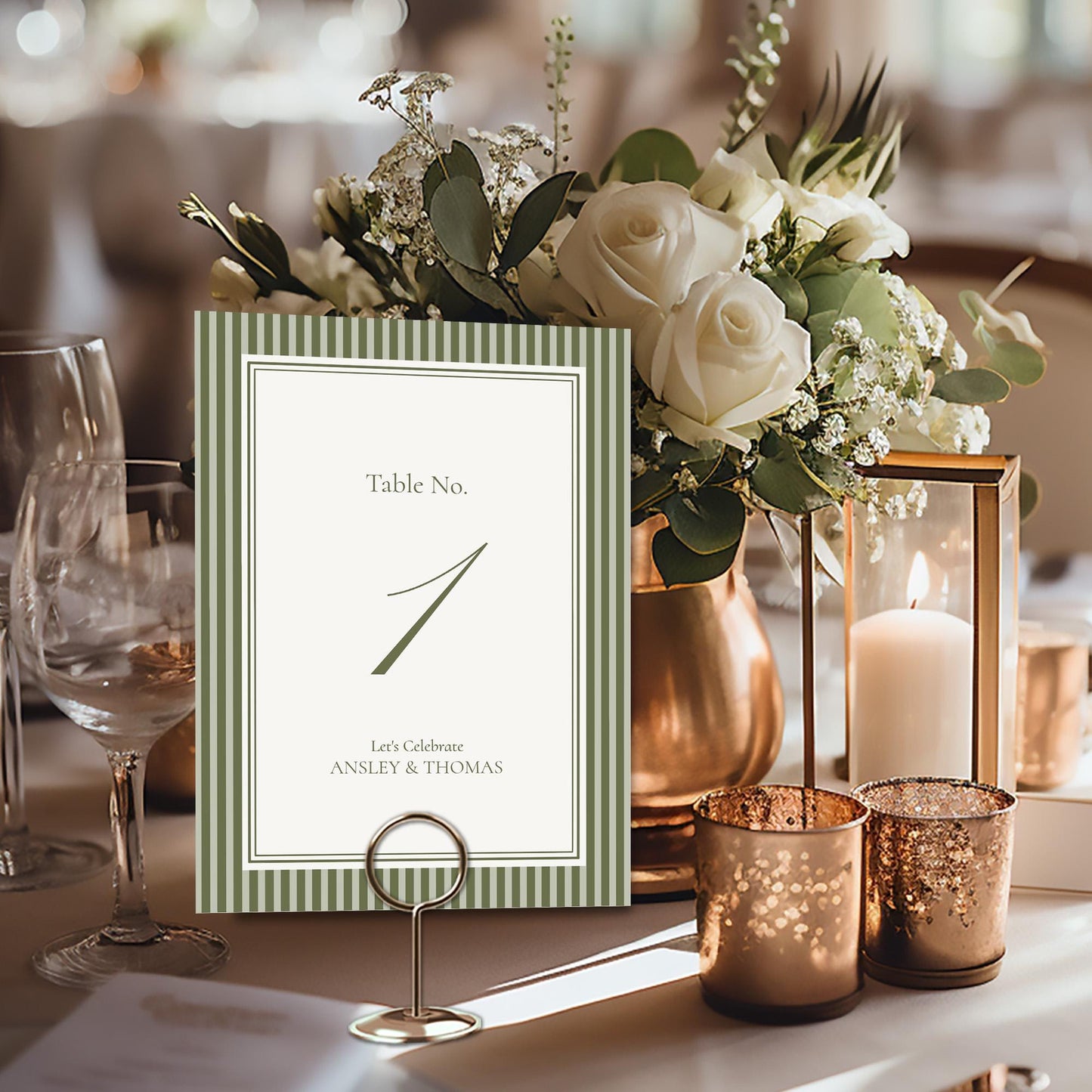 Martini Striped Table Numbers Template, Old Money Bridal Shower, Olive Green Wedding, Modern Vintage Night Before Rehearsal Dinner WP1092