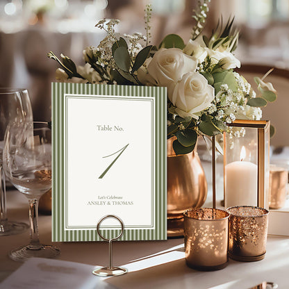 Martini Striped Table Numbers Template, Old Money Bridal Shower, Olive Green Wedding, Modern Vintage Night Before Rehearsal Dinner WP1092