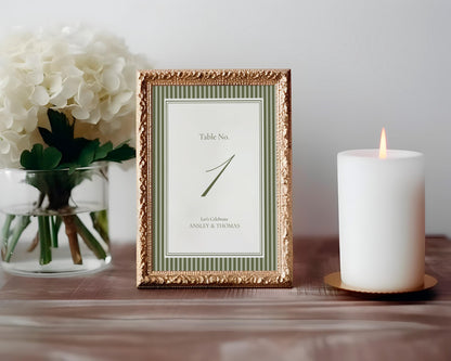 Martini Striped Table Numbers Template, Old Money Bridal Shower, Olive Green Wedding, Modern Vintage Night Before Rehearsal Dinner WP1092