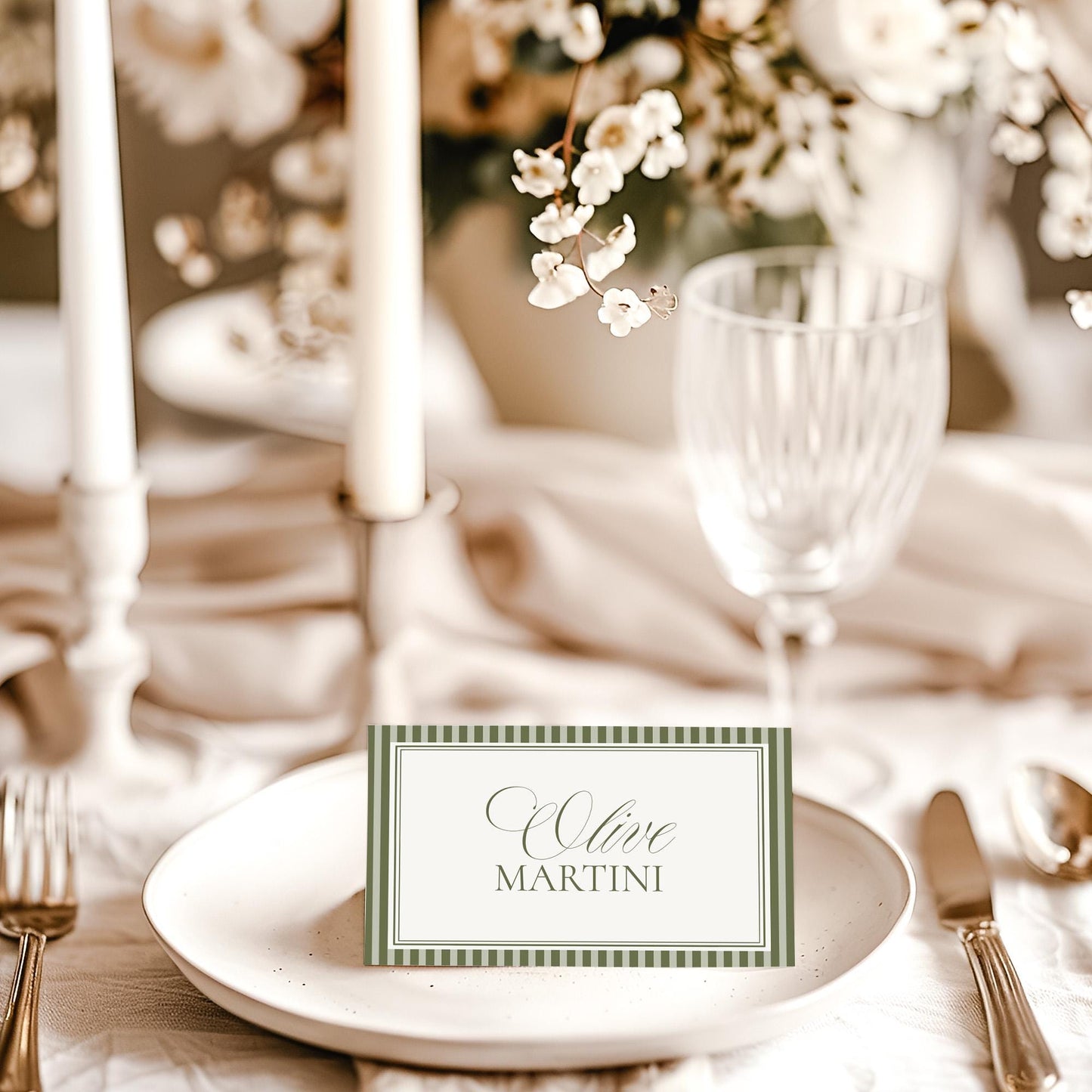 Martini Striped Place Cards Template, Old Money Bridal Shower, Olive Green Wedding, Modern Vintage Night Before Rehearsal Dinner WP1092