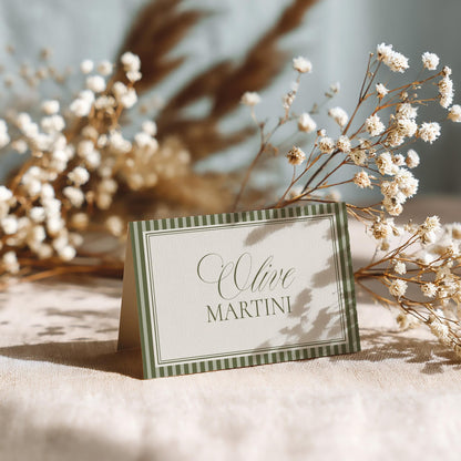 Martini Striped Place Cards Template, Old Money Bridal Shower, Olive Green Wedding, Modern Vintage Night Before Rehearsal Dinner WP1092