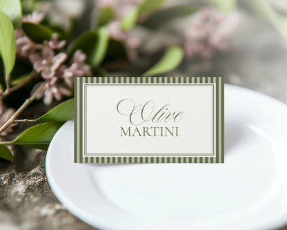 Martini Striped Place Cards Template, Old Money Bridal Shower, Olive Green Wedding, Modern Vintage Night Before Rehearsal Dinner WP1092