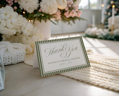 Martini Striped Thank You Card Template, Old Money Bridal Shower, Olive Green Wedding, Modern Vintage Night Before Rehearsal Dinner WP1092