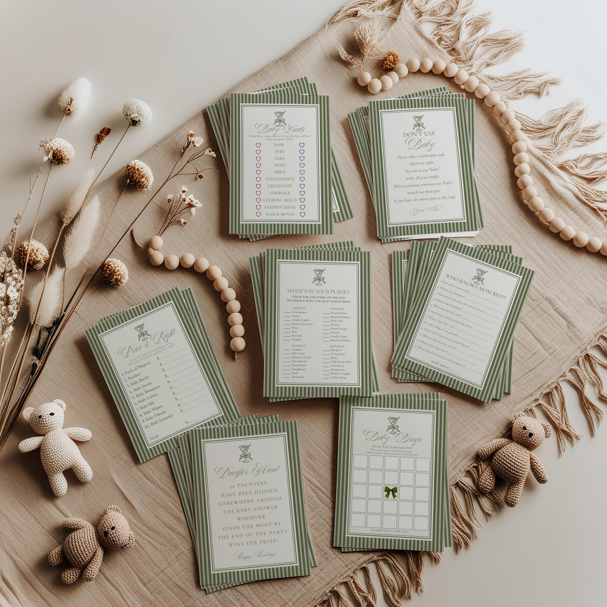 Martini Striped Baby Shower Games Template, Olive Green Theme Baby Sprinkle, A Tini Little One Brunch with Mom to Be WP1092