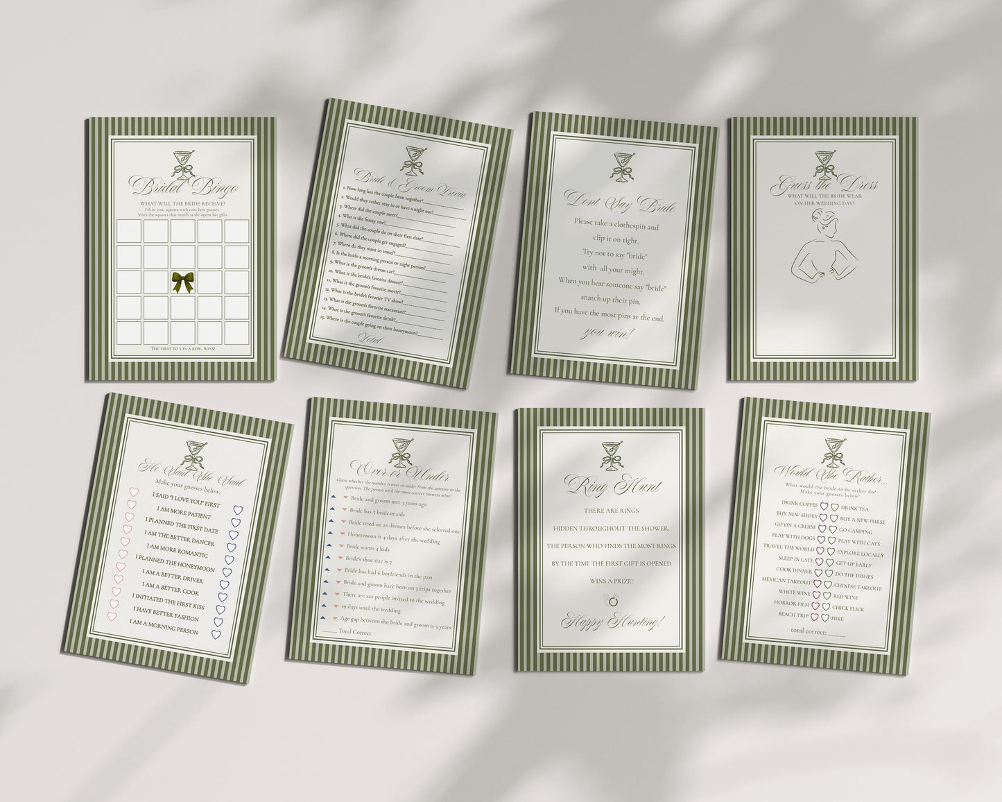 Martini Striped Bridal Shower Games Template, Olive Green Old Money Tini Bit Closer Bridal Brunch, Modern Vintage Brunch with Bride WP1092