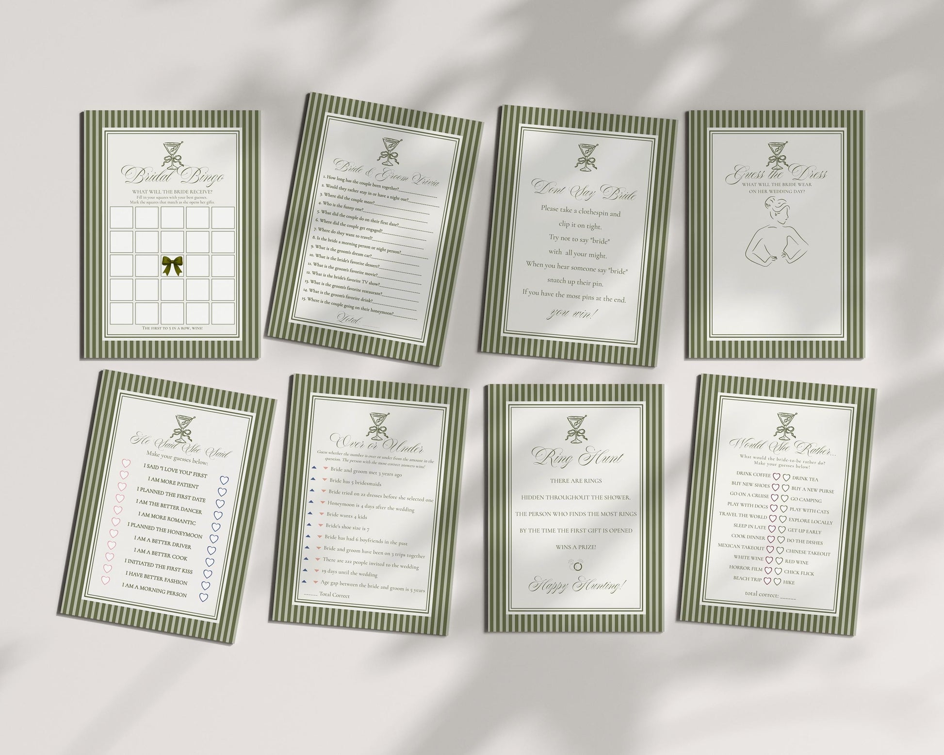 Martini Striped Bridal Shower Games Template, Olive Green Old Money Tini Bit Closer Bridal Brunch, Modern Vintage Brunch with Bride WP1092