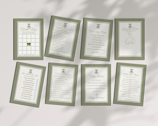 Martini Striped Bridal Shower Games Template, Olive Green Old Money Tini Bit Closer Bridal Brunch, Modern Vintage Brunch with Bride WP1092