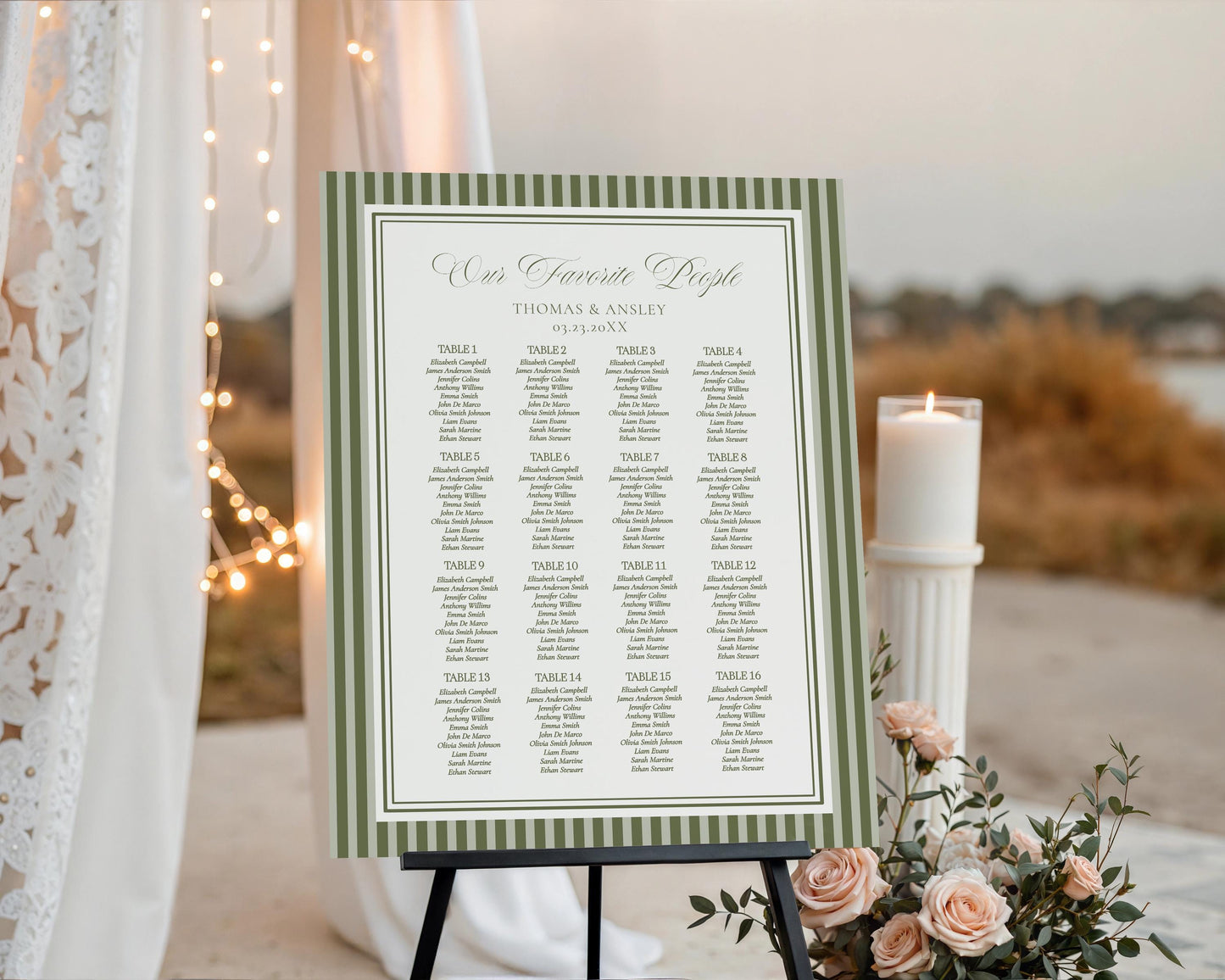 Martini Striped Seating Chart Poster Template, Old Money Bridal Shower, Olive Green Wedding, Modern Vintage Night Before Rehearsal WP1092