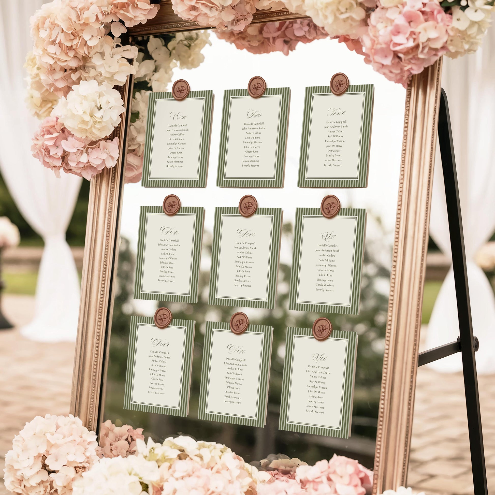 Martini Striped Seating Chart Cards Template, Old Money Bridal Shower, Olive Green Wedding, Modern Vintage Night Before Rehearsal WP1092