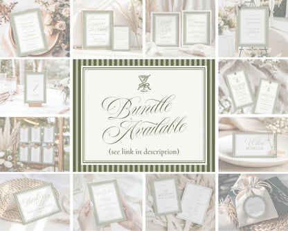 Martini Striped Seating Chart Poster Template, Old Money Bridal Shower, Olive Green Wedding, Modern Vintage Night Before Rehearsal WP1092