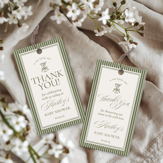 Martini Striped Baby Shower Favor Tags Template, Olive Green Theme Baby Sprinkle, A Tini Little One Brunch with Mom to Be WP1092
