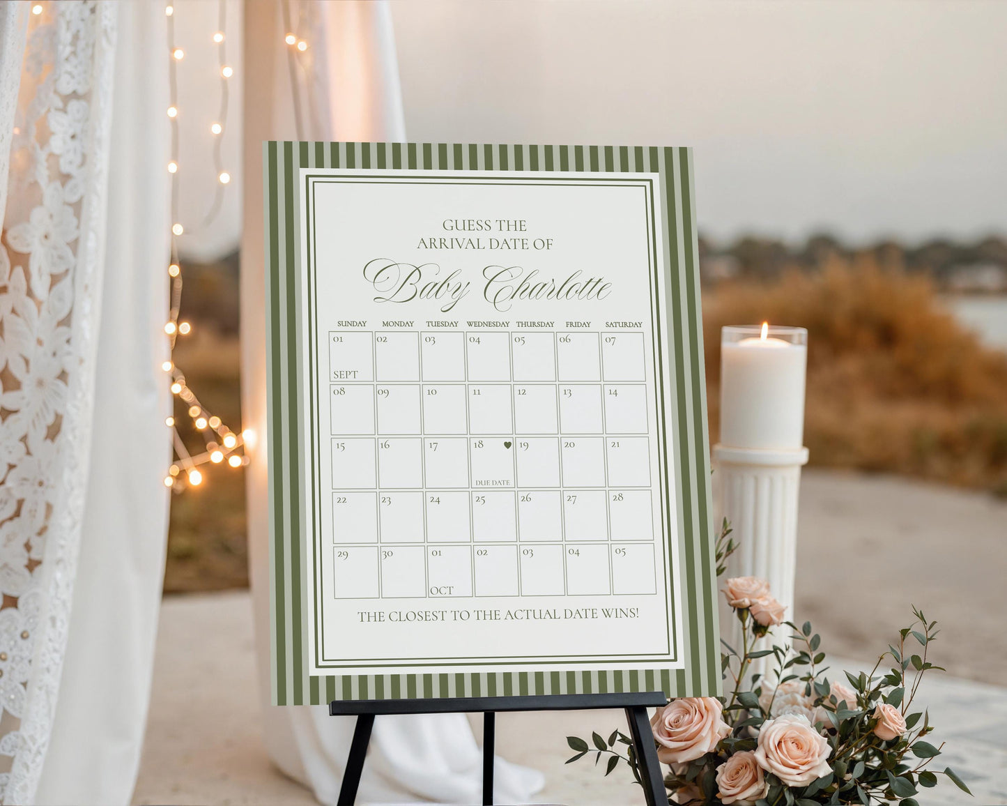 Martini Striped Baby Shower Guess the Date Game Template, Olive Green Theme Baby Sprinkle, A Tini Little One Brunch with Mom to Be WP1092