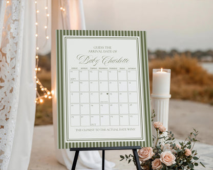 Martini Striped Baby Shower Guess the Date Game Template, Olive Green Theme Baby Sprinkle, A Tini Little One Brunch with Mom to Be WP1092