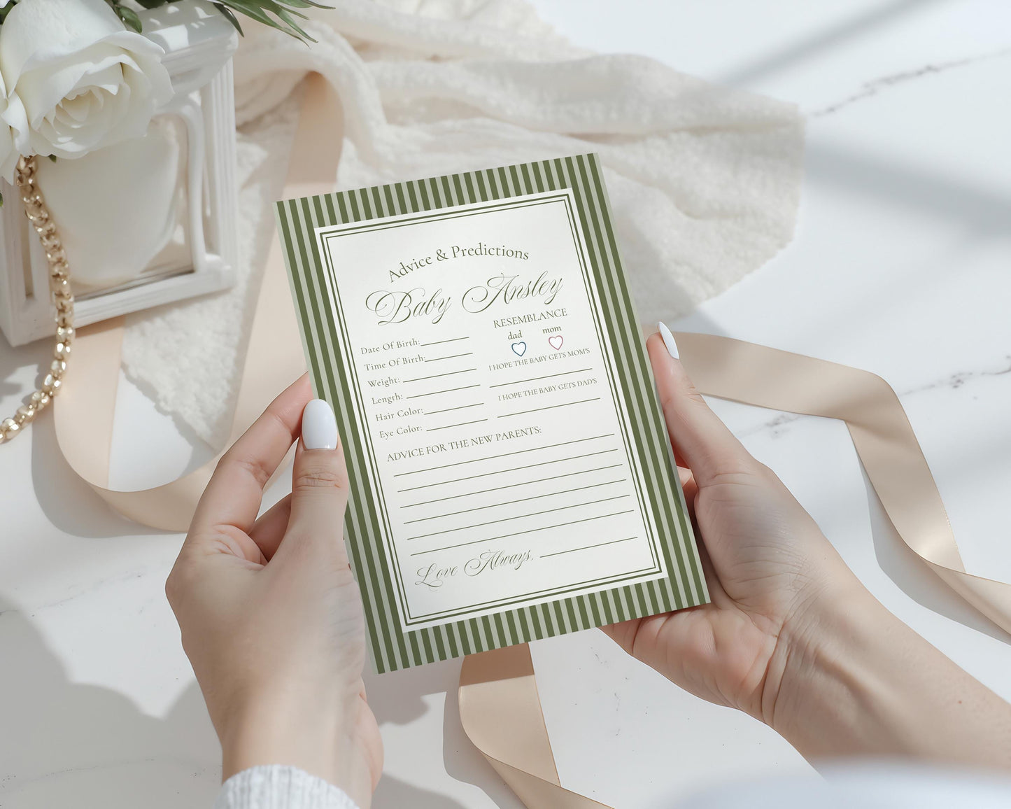 Martini Striped Advice for Baby Cards Template, Olive Green Theme Baby Sprinkle, A Tini Little One Baby Shower WP1092