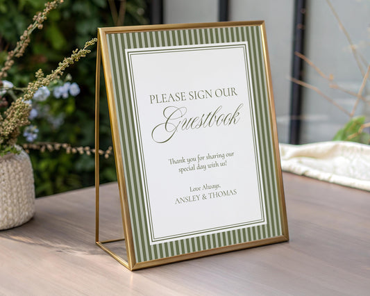 Martini Striped Guestbook Sign Template, Olive Green Old Money Wedding Ceremony Decor, Sage Modern Vintage Wedding Reception WP1092