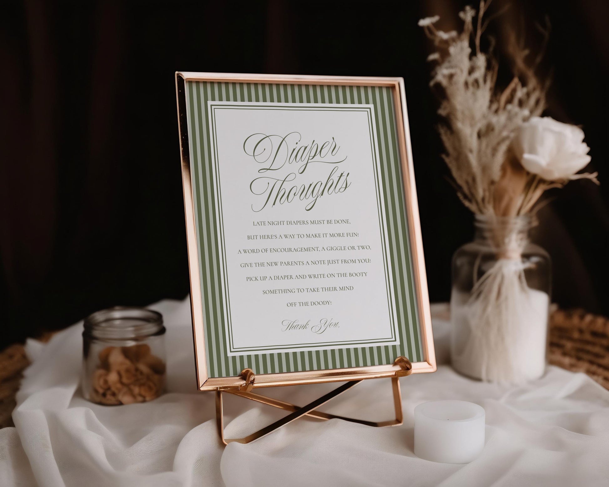 Martini Striped Baby Shower Diaper Thoughts Sign Template, Olive Green Theme Baby Sprinkle, A Tini Little One Brunch with Mom to Be WP1092
